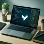 DALL·E 2024 05 18 12.42.21 A sleek laptop on a desk with code and a Flutter logo showing a developer environment setup on the screen