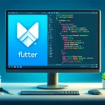 DALL·E 2024 05 18 12.42.24 A computer monitor with the Flutter logo and a text editor displaying code indicating a Flutter development setup on a Windows operating system