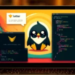 DALL·E 2024 05 18 12.42.27 A Linux desktop environment with a terminal open showing Flutter installation and code editor with Flutter logo indicating Flutter setup on Linux