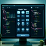DALL·E 2024 05 18 12.48.35 A computer screen displaying a Flutter testing environment with code snippets for unit tests widget tests and integration tests showing various tes