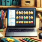 DALL·E 2024 05 18 12.50.41 A workspace with a laptop showing a well organized Flutter project structure in a code editor emphasizing folder and file organization