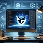 DALL·E 2024 05 19 18.23.00 A sleek modern workspace with a computer screen displaying a Flutter development environment. A logo or symbol representing Project Gemini is visible