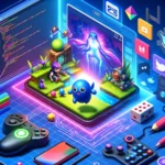 DALL·E 2024 05 19 18.23.03 A dynamic scene of a game development environment with Flutter. The screen shows a vibrant game interface with characters and animations. Tools and ic