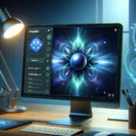 DALL·E 2024 05 19 18.23.05 A sleek futuristic workspace featuring a computer screen with Flutters Impeller graphics rendering engine. The display shows advanced graphics smoo