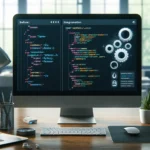 DALL·E 2024 05 19 18.23.08 A modern workspace with a computer screen displaying Flutter code with macros. The display highlights code generation showing snippets of code before